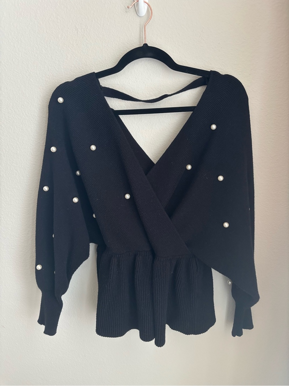 Fashion Nova Black Pearl-Accent Surplice V-Neck Sweater